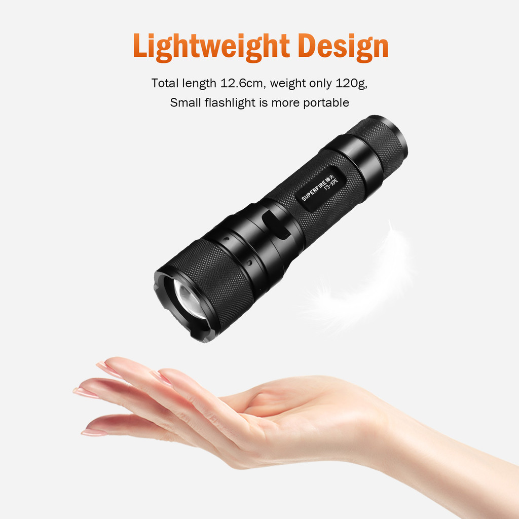 ไฟฉาย SUPERFIRE F3 XPE 3W LED สว่างสูง ซูมได้ ทำงานได้ รีชาร์จ สวิตช์ท้าย แบตเตอรี่ถอดเปลี่ยนได้ — صورة 6