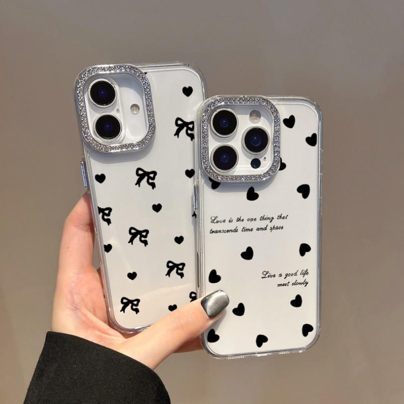 หัวใจสีดํากุทัณฑ์ใสเคสโทรศัพท์สําหรับOPPO Reno 14 13 12 11 10 Pro Reno 4 5 6 8 6Z 13F 12F 11F 7 8 Liteปลอกป้องกันการตกRhinestoneฝาครอบ