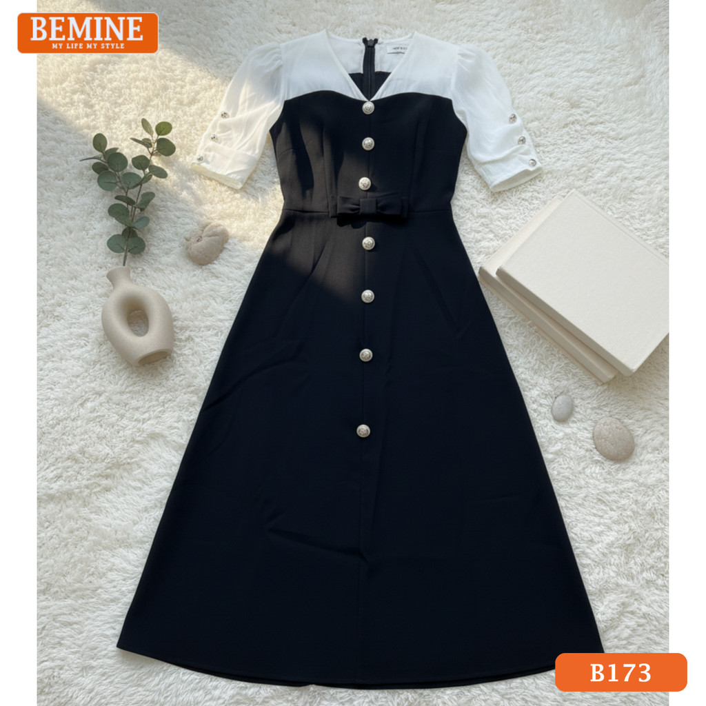 BEMINE เดรสคอวีแขนทรงเอ เหมาะสําหรับทํางานหรือปาร์ตี้-B173