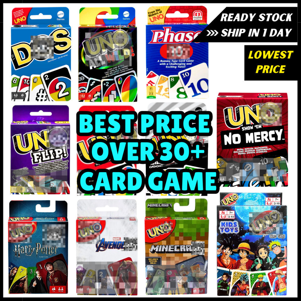 Uno Card Series การ์ดเกมรุ่นใหม่เด็ก ft Uno No Mercy Flip Wild Dare Flex Phase 10 Dos อะนิเมะ Minecr