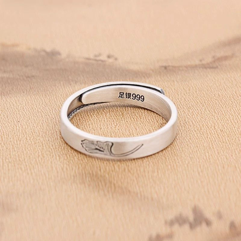 TB Spot Goods#Ginkgo Leaf Ring for Women S999Pure Silver Vintage Matte Personality Ethnic Style Anci