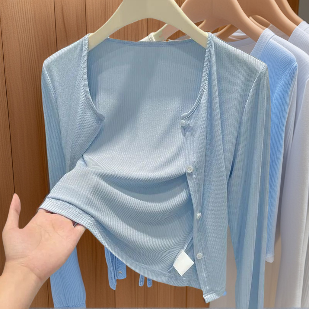 เสื้อคาร์ดิแกนผู้หญิงน้ำหนักเบาทrèsuitable pour les chambres climatisées, สีฟ้า