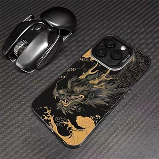 เคสโทรศัพท์ปุ่มโลหะรูปมังกรสีเหลืองทอง ไอโฟน11 For iPhone11 12 13 14 15 16 17 Pro MAX X XS XR XSMAX 7 8Plus เคสโทรศัพท์