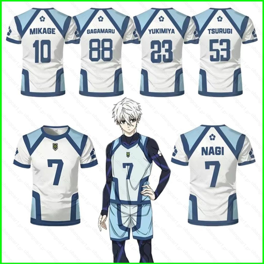 เสื้อยืด YB1 สีฟ้า ลาย Nagi Seishiro หมายเลข 7 พร้อมภาพประกอบของ Mikage Reo และ Yukimiya Tsurugi
