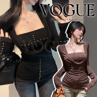 Vogue🌟พร้อมส่ง🌟 เสื้อแขนยาว+เกาะอก สีดำน้ำตาล สไตล์เกาหลี (FY5040)