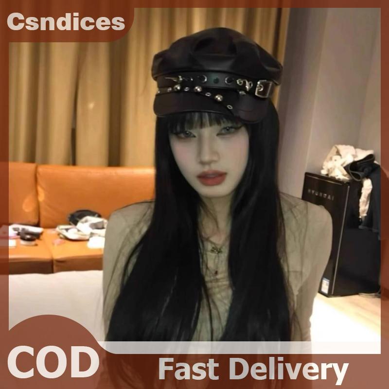 Csndices Vintage Rivet Beret Harajuku Y2K สาว Gothic Lolita หนังสีดํา Dark Face เปิดเผยแบน Newsboy หมวก Beret TH