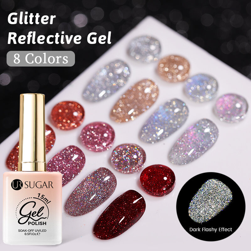 UR SUGAR 15ml Sliver เจลทาเล็บสะท้อนแสง Shining Glitter กึ่งถาวร Soak Off UV เจล Sparkle Effect เล็บ