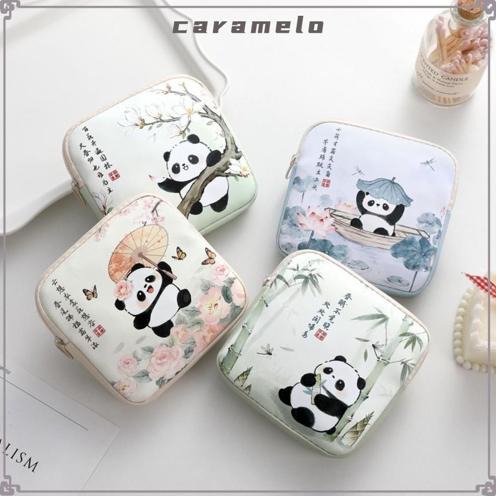 CARAMELO กระเป๋าเครื่องสําอาง, กระเป๋าใส่ผ้าอนามัย PVC อเนกประสงค์, กระเป๋าใส่หูฟังลิปสติกแพนด้าแบบพกพาที่เก็บใส่เหรียญความจุขนาดใหญ่