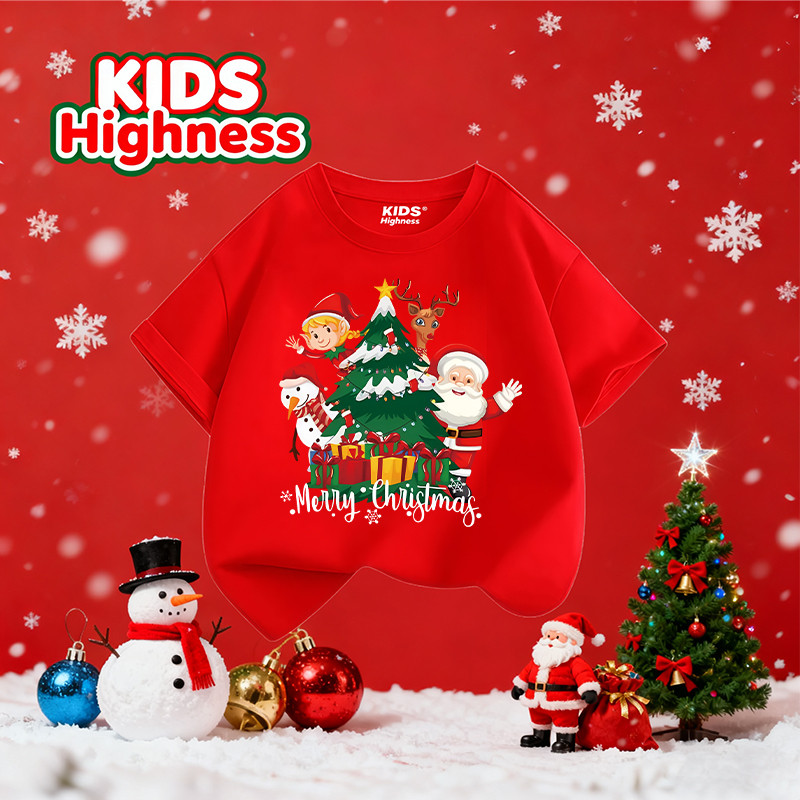 🎄(จัดส่งตลอด 24 ชั่วโมง) KIDS Highness เทศกาลคริสต์มาส เสื้อสีแดง kids คอกลม Christmas t-shirt #T119