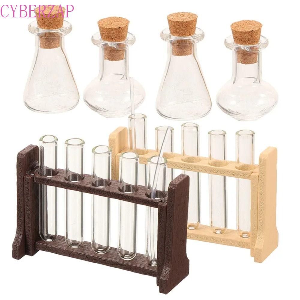 CYBERZAP Dollhouse Mini Glass Test Tube Set, 1:12 Dollhouse With Wooden Rack Simulation Glass Test T