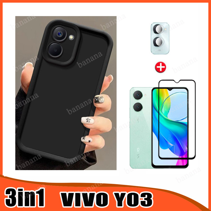 Vivo Y03 Y03T TPU เคสโทรศัพท์ซิลิโคนสําหรับVivo Y18 Y18T Y17S Y27 4G 3in1 ฟิล์มกระจกนิรภัย + ฟิล์มเล