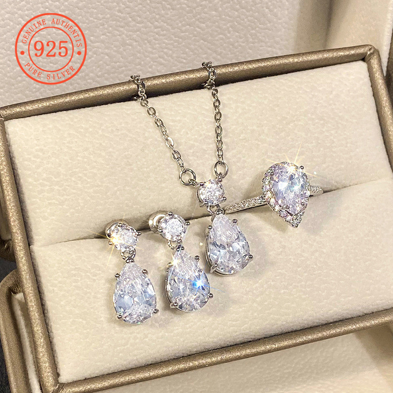 SHEFULI แฟชั่น Super Sparkling Diamond Water Drop ต่างหูสร้อยคอ CSX644