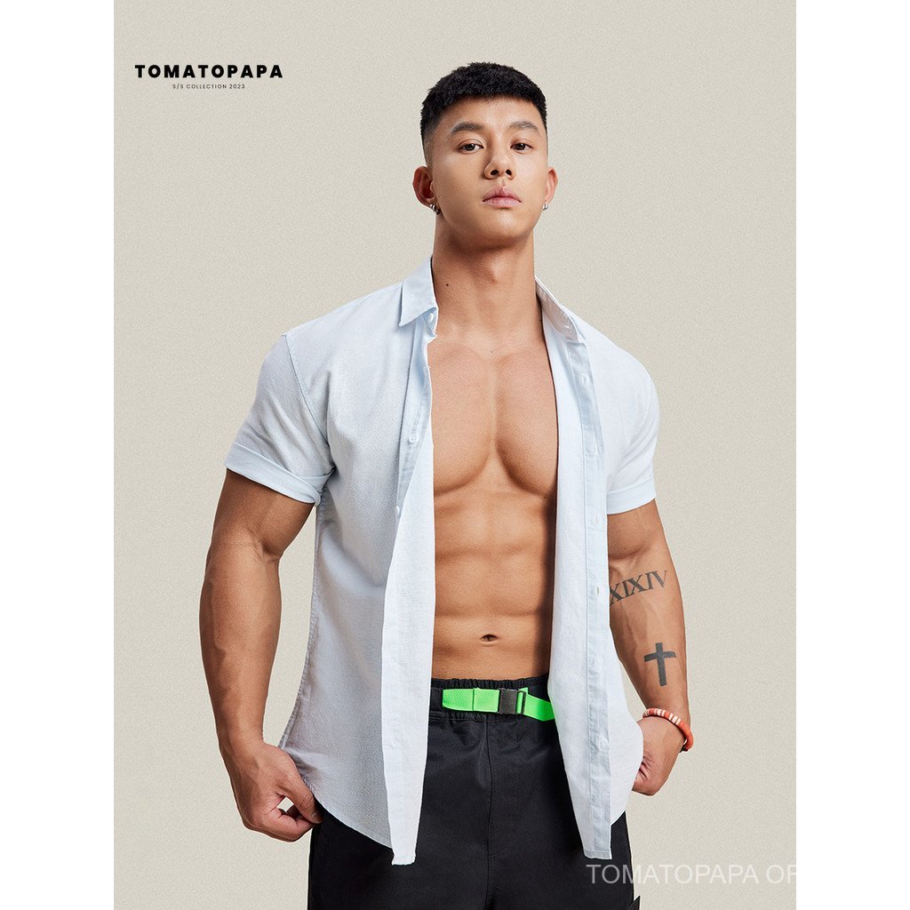 TOMATOPAPA เสื้อเชิ้ตผู้ชายแขนสั้น สไตล์شباب เหมาะสำหรับฤดูใบไม้ผลิและฤดูร้อน แบบ-basic กับรายละเอียด lapel cardigan - รูปที่ 5