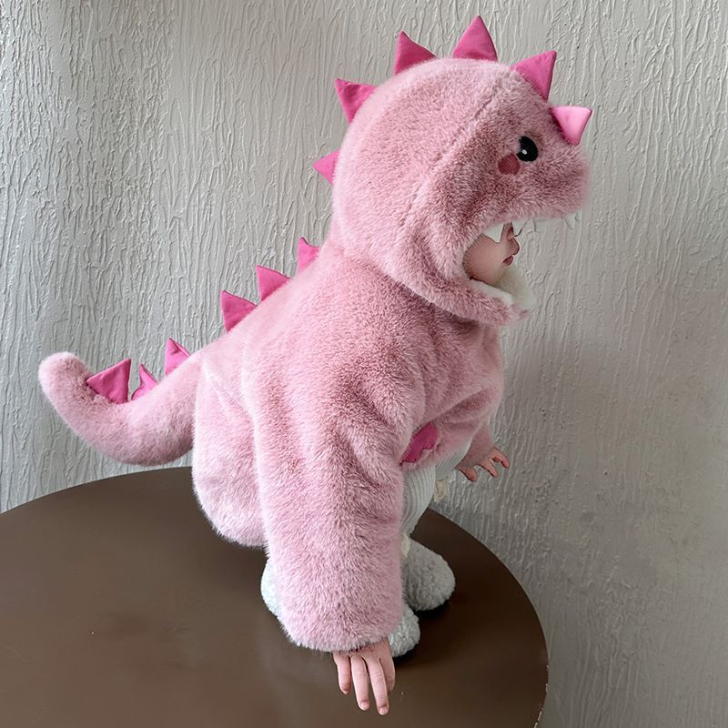 แจ็คเก็ตขนแกะสำหรับเด็กผู้หญิง แบบลายไดโนเสาร์ หนานุ่ม อุ่นสบาย