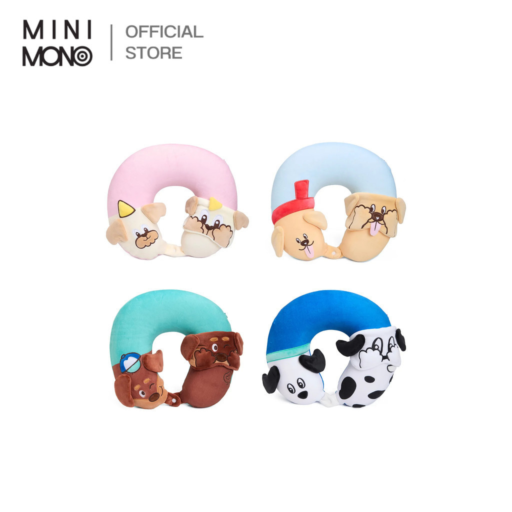 Mini mono หมอนรองคอและผ้าปิดตา ลายสุนัข ผลิตจากผ้านุ่มสัมผัสสบาย ช่วยรองรับต้นคอ ลดอาการเมื่อยล้า พร้อมผ้าปิดตากันแสง