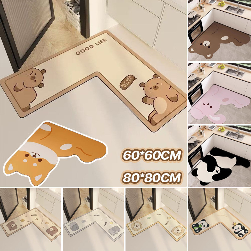 COD CapyBara เสื่อรองพื้น แบบตัว L วัสดุดินสาหร่ายซิลิกา กันลื่นและทนต่อคราบ ความรู้สึกสบายเท้า 80*80CM