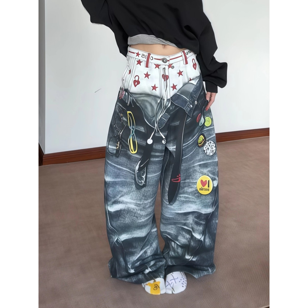 กางเกงยีนส์ผู้ชาย พิมพ์ลายกราฟฟิตี้ สไตล์สตรีท อเมริกัน สำหรับทุกคน - รูปที่ 7