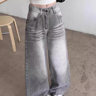 K JEANS กางเกงยีนส์สาวอวบ Baggy สีเทาแต่งเฟส ไซต์ 2XL-6XL เอว34-42 ความยาว40-42นิ้ว