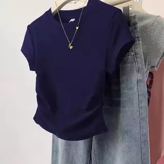 เสื้อยืดผู้หญิงผ้าฝ้าย แขนสั้น คอกลม สีขาว-ดำ-น้ำเงิน-เทา เสื้อยืดผ้าฝ้าย แขนสั้น