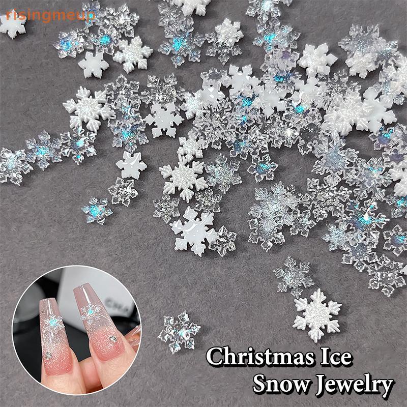 [risingmeup] 50 ชิ้นคริสต์มาสประกายสีขาวโปร่งใสเกล็ดหิมะเล็บ Charms อุปกรณ์เสริม Glitter เรซิ่นหิมะตกแต่งเล็บสําหรับเล็บ DIY อะไหล่ใหม่