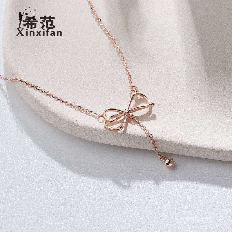 เงินสเตอร์ลิงหรูหรา s925 จี้ทองเกาหลีรุ่นสายคล้องคอ Knot สร้อยคอหวาน Influencer Clavicle Chain Bow R