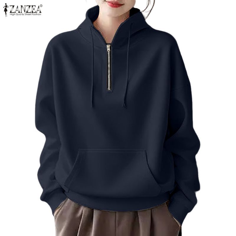 ZANZEA เสื้อลำลองสไตล์เกาหลี กีฬาครึ่งซิปรองคอยาวพร้อมฮู้ด ไซส์โอเวอร์ไซส์