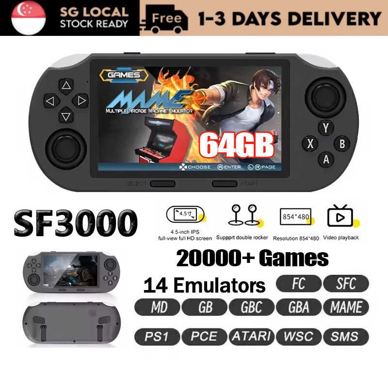 SGSF3000 คอนโซลเกมมือถือแบบพกพา 4.5 นิ้วหน้าจอIPS PSP 64GB Mini RetroวิดีโอเกมBuiltin 20000 + เกมคอน