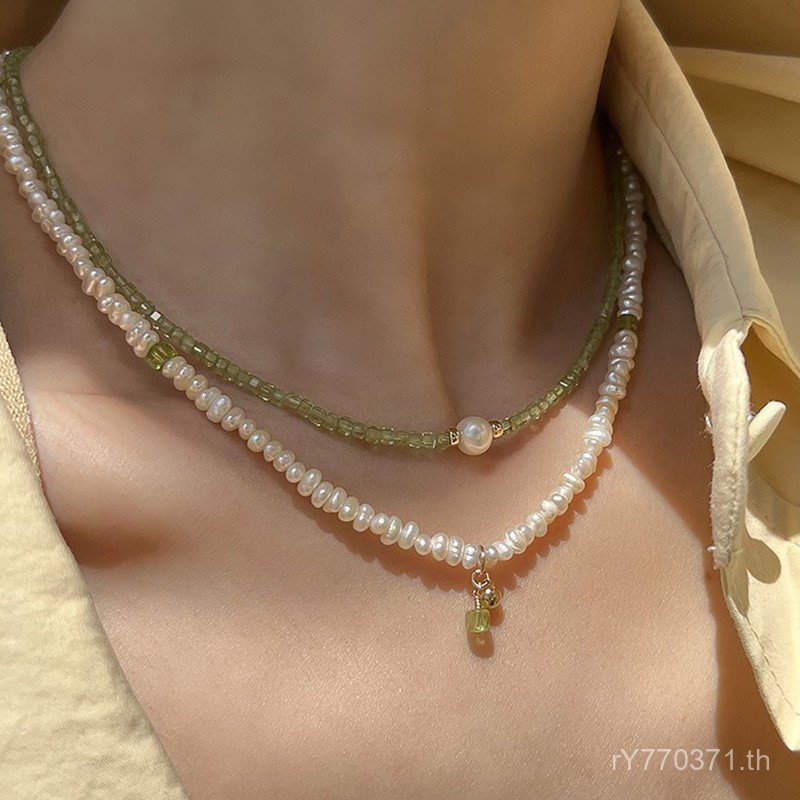 สร้อยคอมุกน้ำจืดและเพอริดอต สไตล์เรโทร ออกแบบพิเศษสำหรับผู้หญิง POG1