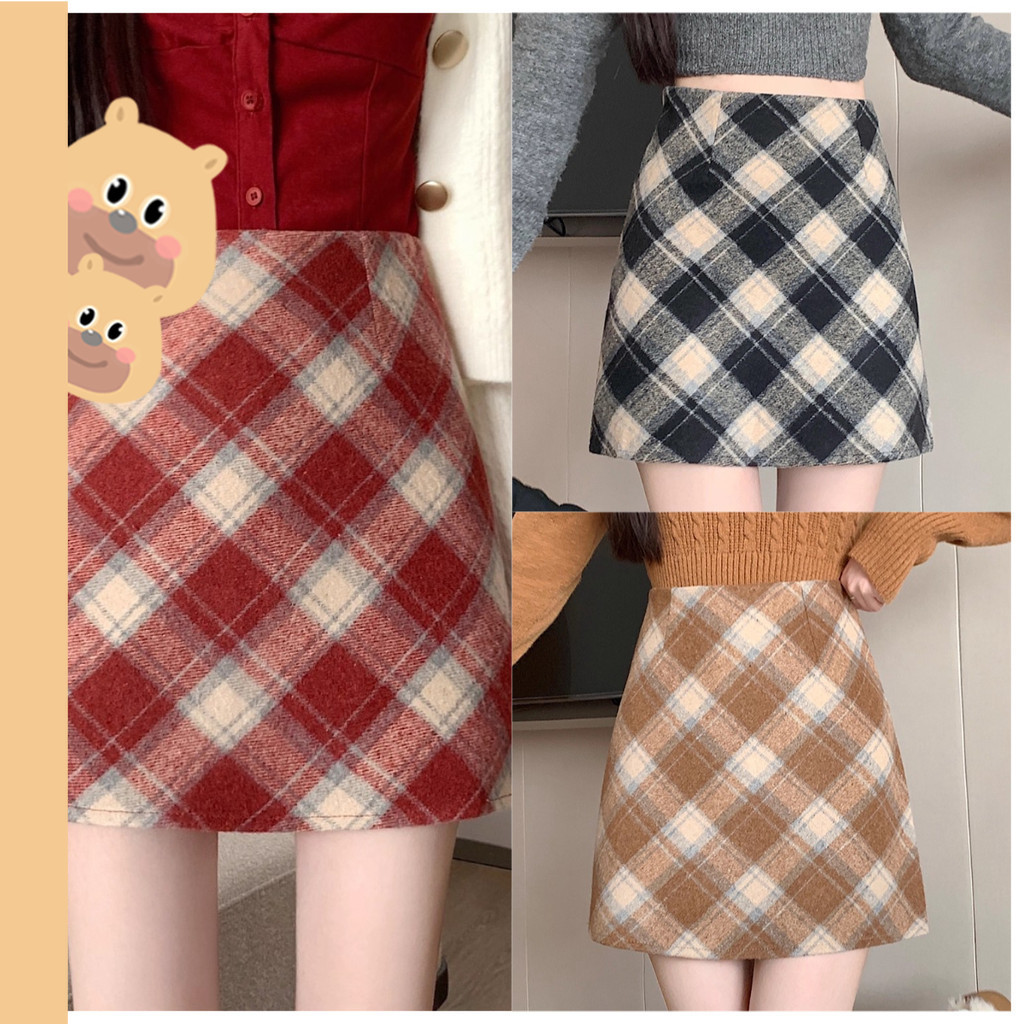 🎀bearbra🎀กระโปรงผ้าขนสัตว์ลายสก๊อตเอวสูง สำหรับฤดูใบไม้ร่วงและฤดูหนาว
