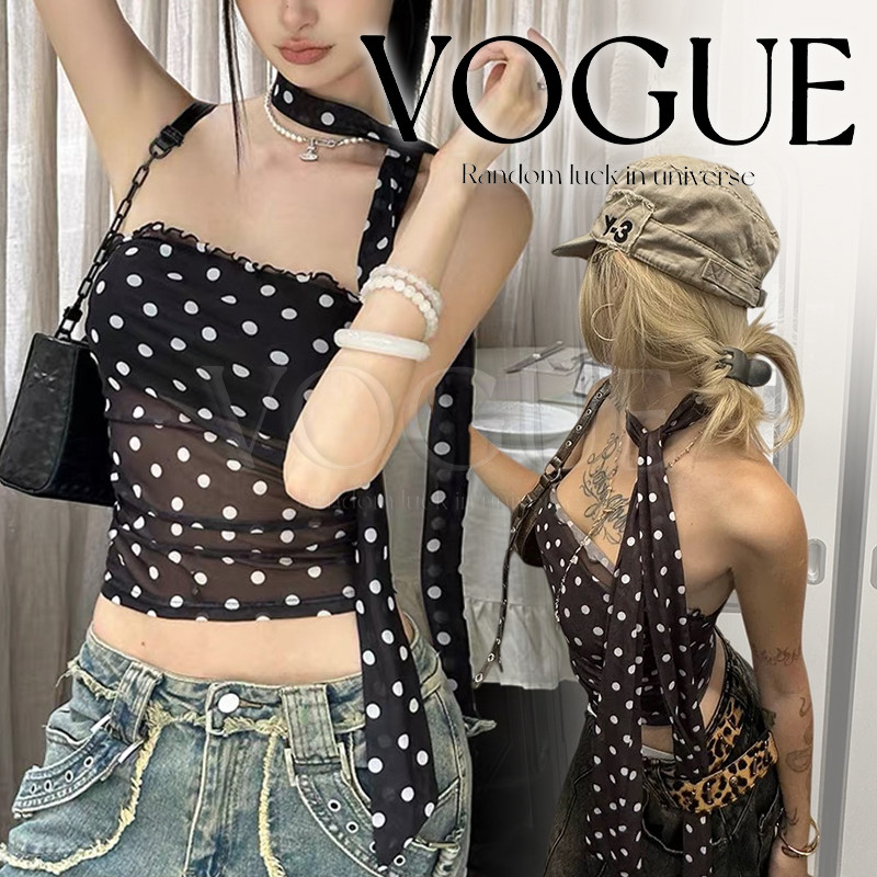 Vogue🌟พร้อมส่ง🌟  เสื้อเกาะอก ลายจุดสีพื้นดำ แถมสายคล้องคอ เท่มีสไตล์ (FY5055)