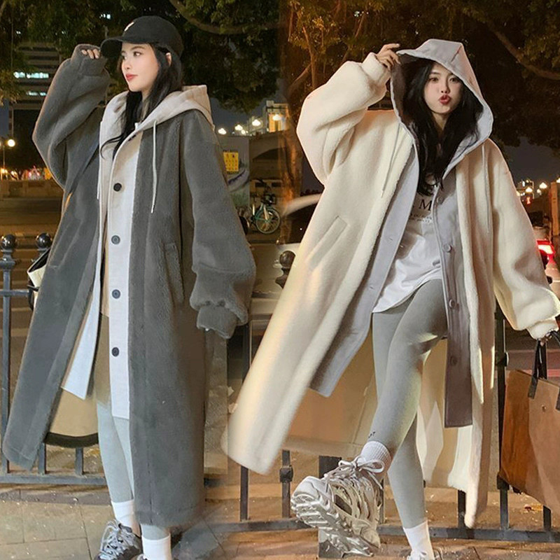 เสื้อโค้ท เสื้อโค้ทฤดูหนาว มีฮู้ด แขนยาว สีทึบ กำมะหยี่