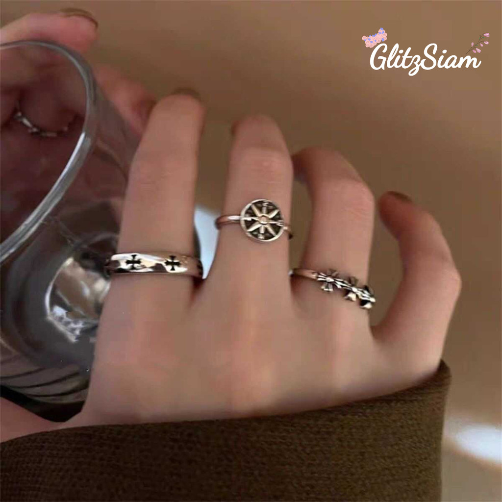 Glitzsiam💍💍 แหวนสไตล์เรโทรสีเข้ม แหวนเฉพาะกลุ่มแบบใหม่ ช่องเปิดปรับได้ แถบนูนเรียบง่าย ดีไซน์โดดเด่น