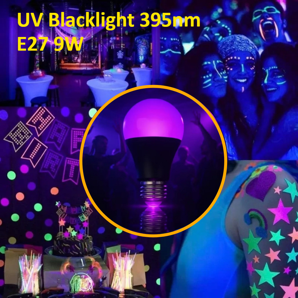 E27 หลอดไฟสีดํา 9W LED UV Blacklight 395-400nm สําหรับ Blacklight Glow in The Dark Body Paint โปสเตอร์เรืองแสงนีออนเรืองแสงโคมไฟ