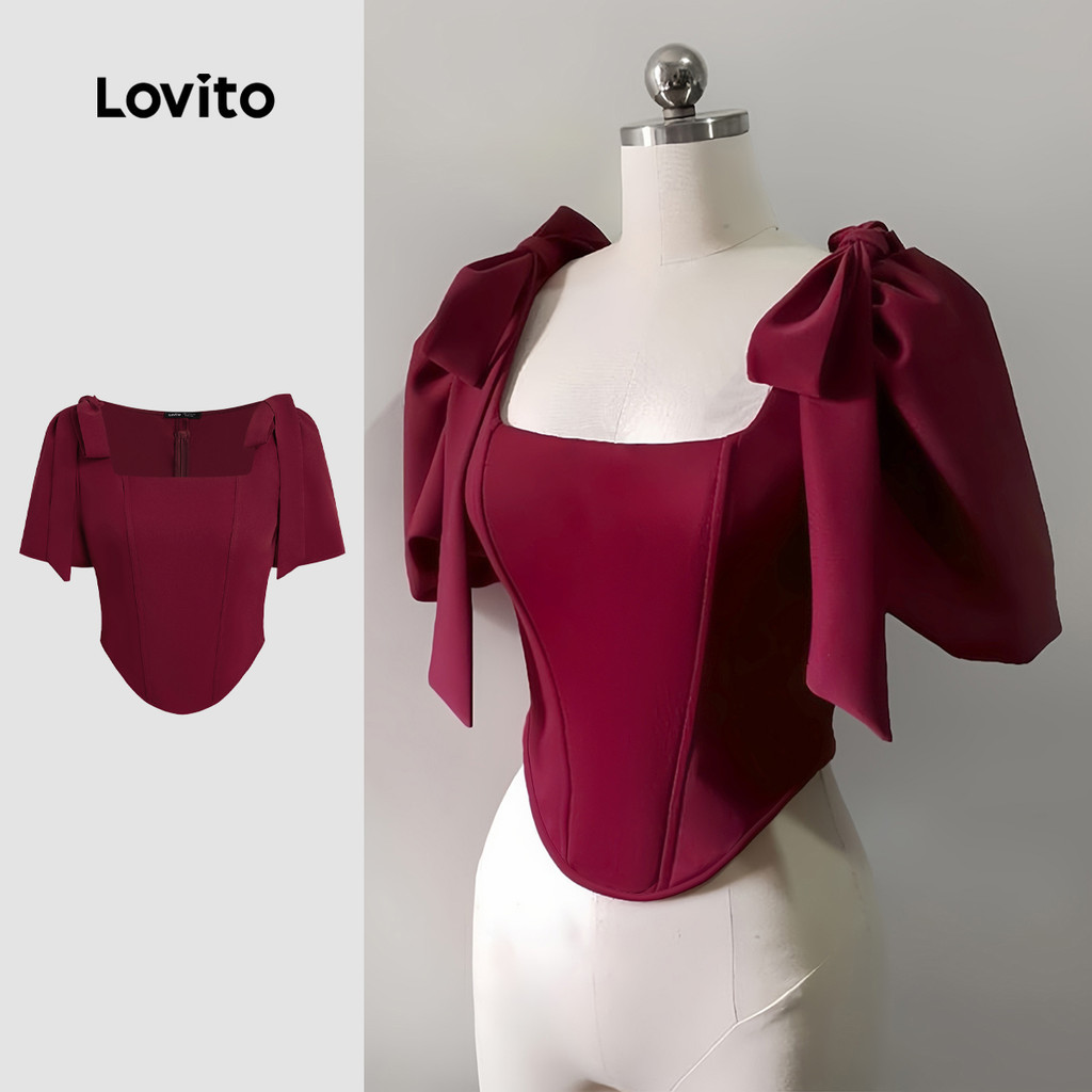Lovito เสื้อเบลาส์คริสต์มาส/ปาร์ตี้สุดหรูหรา โบว์ ทรงสปริง/ซัมเมอร์ สีแดง สำหรับผู้หญิง L149ED309