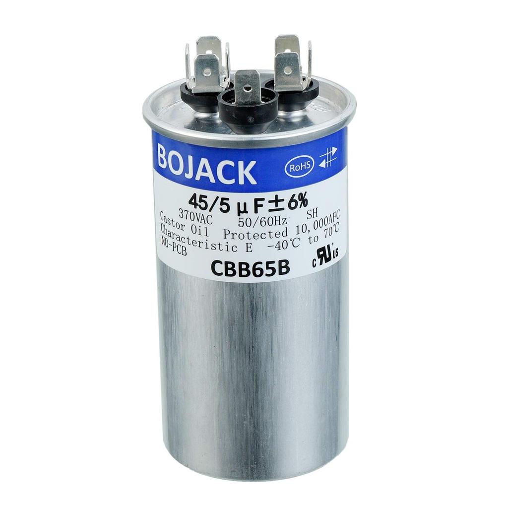 BOJACK 45+5uF 45/5MFD ±6% 370V CBB65 Dual Run Circular Start Capacitor สําหรับ AC Motor Run หรือ Fan