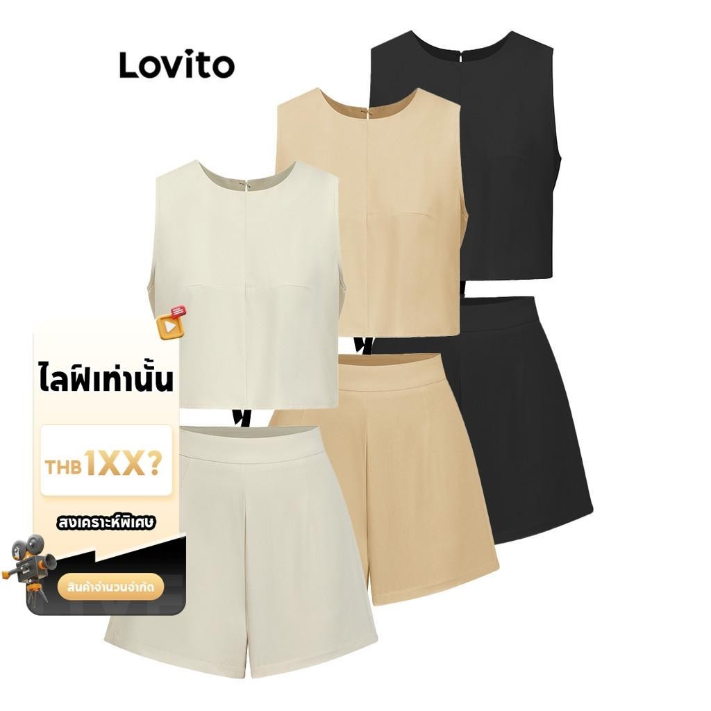 (LIVE STREAM SALE)Lovito ผู้หญิงสบายๆธรรมดาโบว์กลับลูกไม้ขึ้นด้านบนหรือกางเกงขาสั้น L77ED396