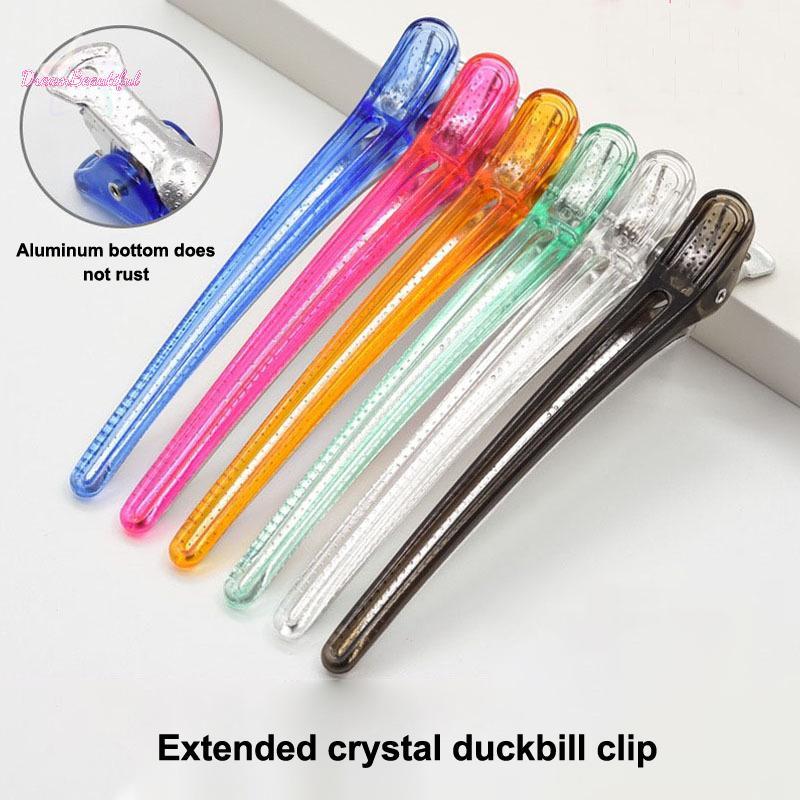 คลิปผมทรงเป็ด 6 ชิ้น สีสันสดใส ทำจากพลาสติกและคริสตัล เพิ่มความสวยงามในการจัดแต่งทรงผม