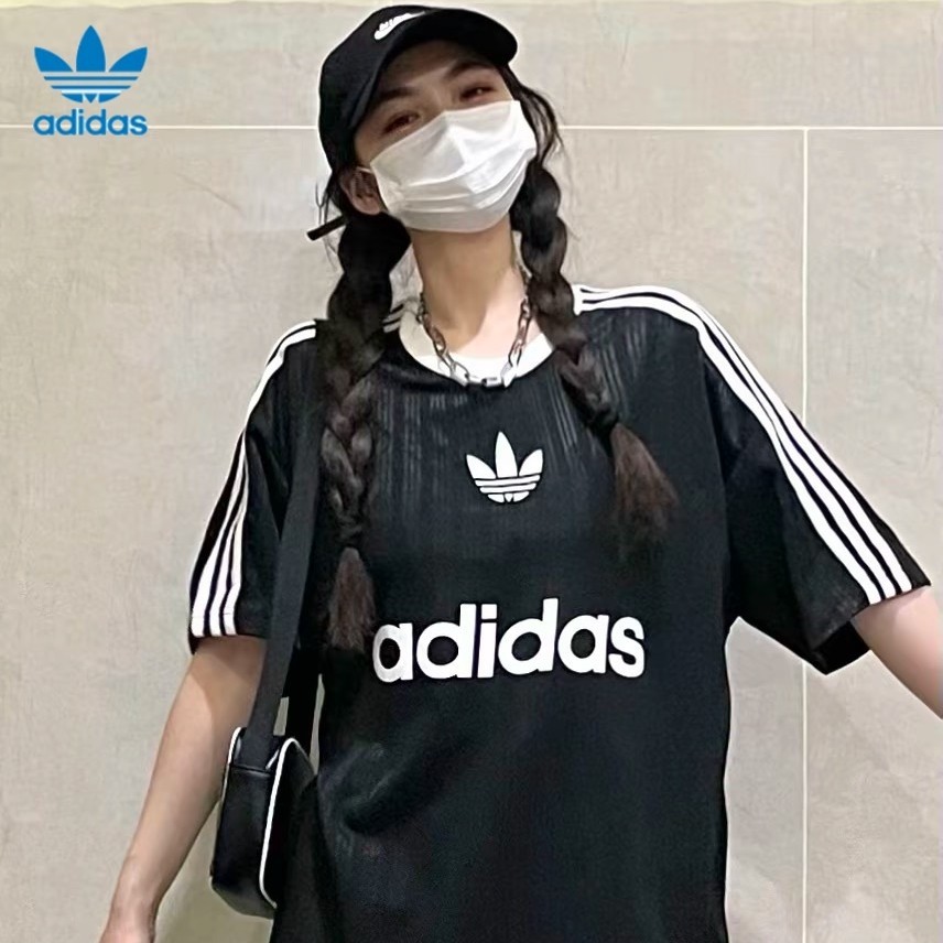 Adidas Retro Stripe กีฬาแขนสั้นเสื้อยืดคอกลม สำหรับผู้ชายและผู้หญิง ทำจากผ้าฝ้าย รหัส IU2341