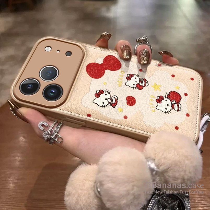 เข้ากันได้กับ iPhone 17 16 15 14 13 12 11 Pro Max X Xr Xs Max 7 8 Plus SE2020 เคสโทรศัพท์น่ารักโบว์สีแดง Kt Cat + Lanyard หนังนุ่มฝาครอบโทรศัพท์