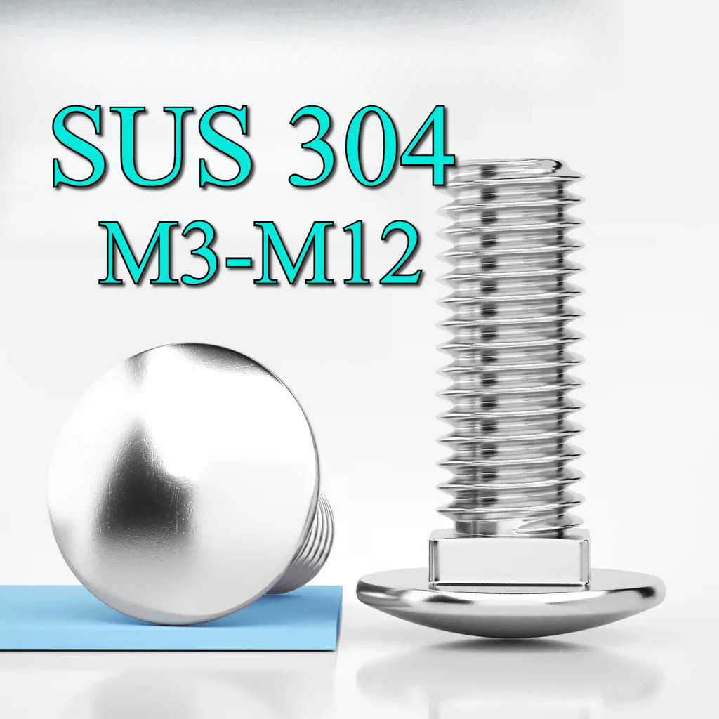 น๊อตรถม้าสแตนเลส 304 สกรูชั้นวาง สกรูหัวกลม น็อตชั้นวางคอเหลี่ยม หัวแบน M3/M4/M5/M6/M8/M10/M12 L8-10