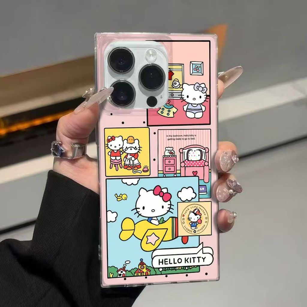 คริสตัลน้ําแข็งสแควร์เคสโทรศัพท์ Soft Case ซิลิโคนเครื่องบิน HelloKitty น่ารักการ์ตูนเหมาะสําหรับ iPhone 11 12 13 14 15 16 17 por max 14 15 16plus 17air