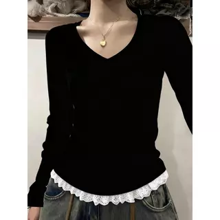 【S-2XL】【การจัดส่งสินค้าในกรุงเทพฯ】เสื้อแขนยาวตัววีคอฝอยมีขอบลายลาเซอร์สำหรับหญิง ที่สวมสวยลดขนาด และเข้ากับทุกสิ่งได้