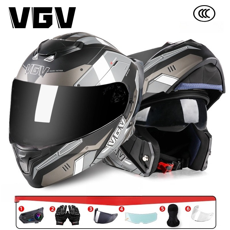 หมวกกันน็อก VGV สำหรับผู้ชาย หมวกกันน็อกแบบเปิดปิดได้ หมวกฟูลเฟสสองกระจก สำหรับผู้หญิง