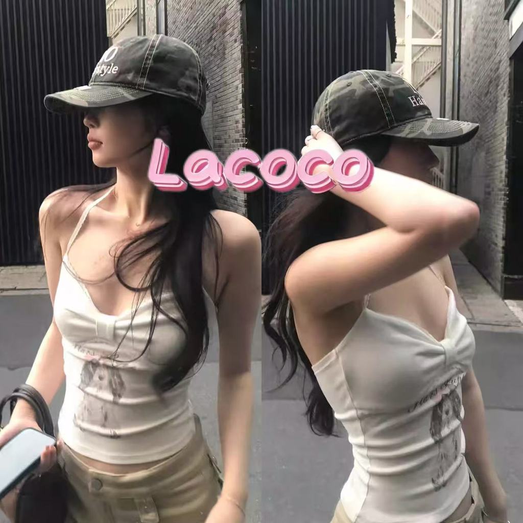Lacoco คลังสินค้าพร้อม เสื้อกล้ามแต่งขอบลูกไม้พิมพ์ลายลูกสุนัข เสื้อคอตั้งแขนกุดแบบคล้องคอ เหมาะสำหรับใส่เดี่ยวๆ – โปรปัง
