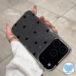 น่ารักครีมหมี15 สำหรับ IPhone 13 17 AIR 16 12 11 15 14 Pro Max XR X XS 6 7 8 15 14 Plus เคสใสเนื้อกลิตเตอร์หัวใจรักสีดำ