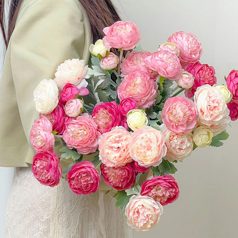 จำลอง 3 หัวดอกโบตั๋นจำลองกุหลาบตกแต่งบ้าน