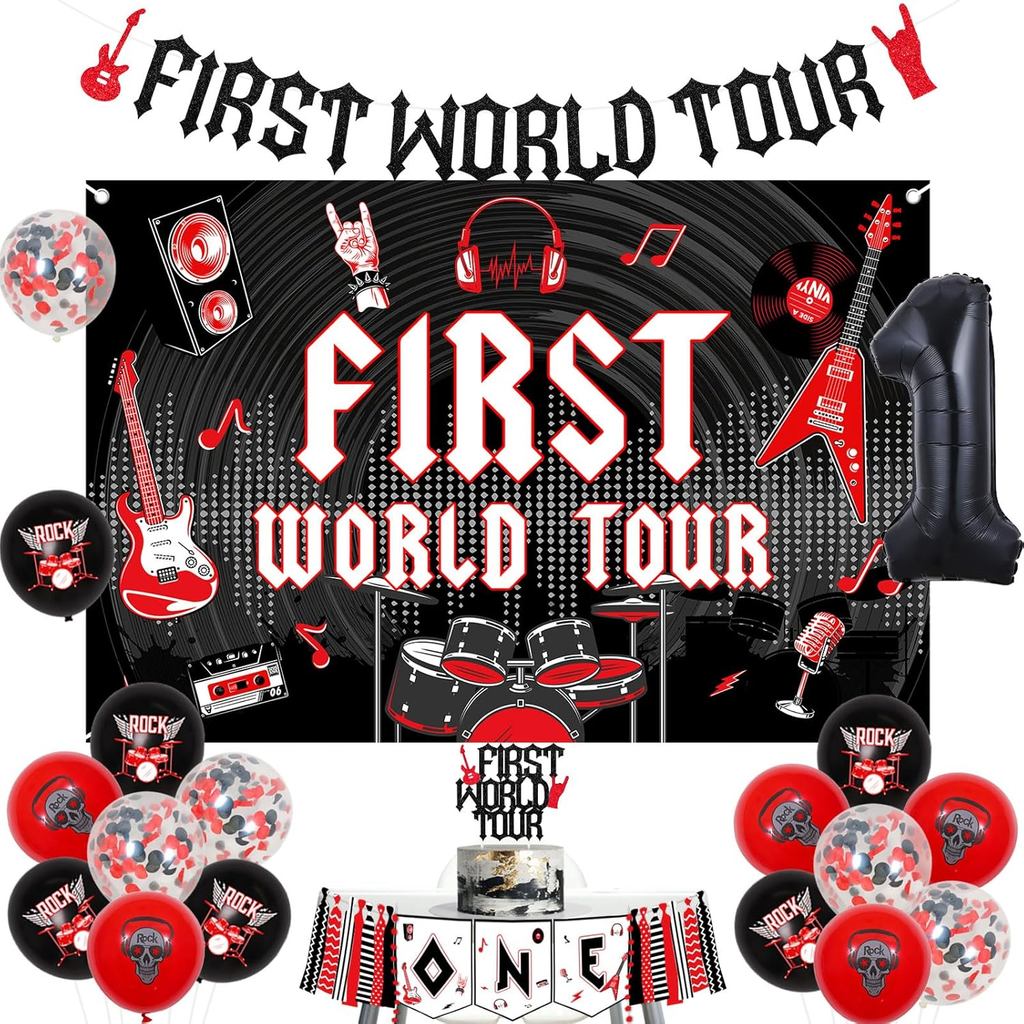 Kreatwow Rocks 1st วันเกิดตกแต่งสีแดงสีดํา First World Tour วันเกิดฉากหลังแบนเนอร์ One Rocks Highcha