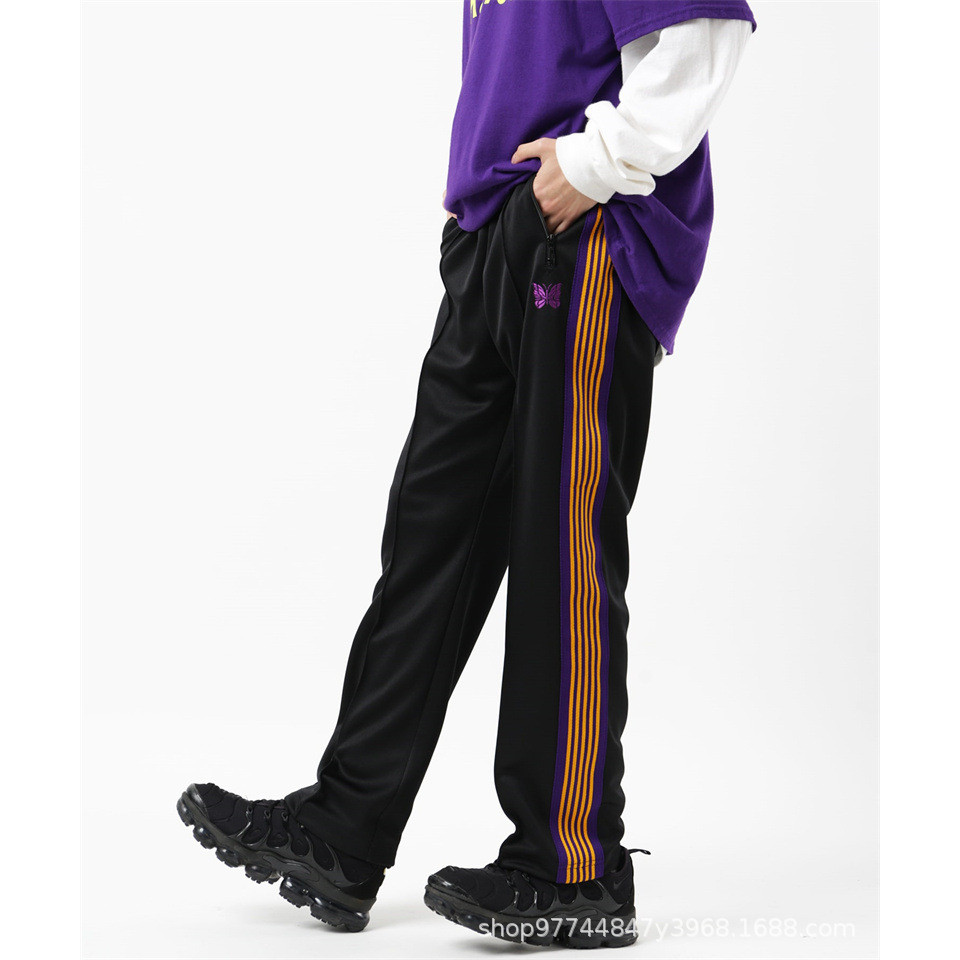 Needles track Men's Embroidered Casual Straight Pants Summer Sports Pants Draped Wide-Leg Pants Lake