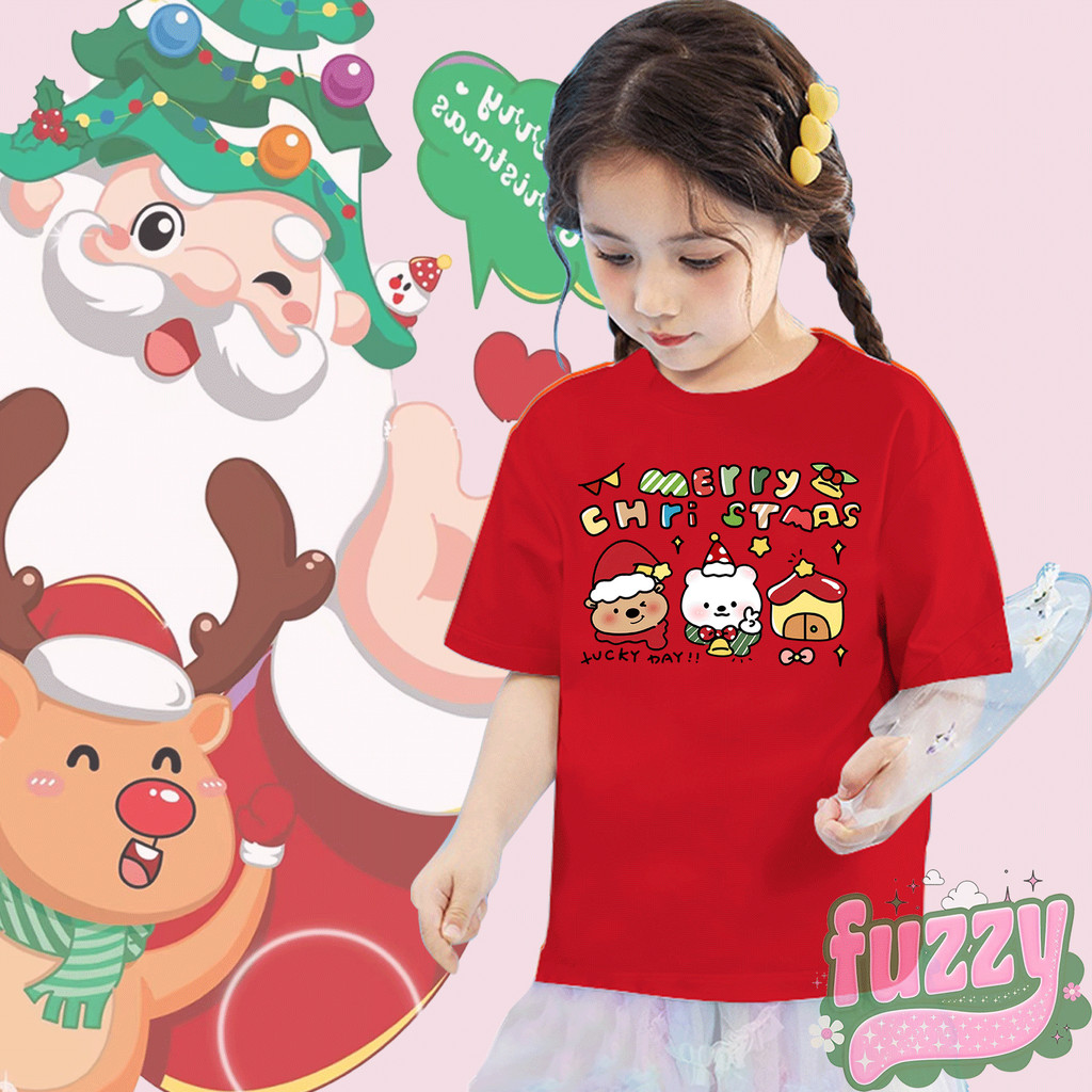FUZZY & 🎅Merry Christmas &Happy New Year🎄ซานตาคลอสน่ารักพิมพ์เด็กเสื้อยืด ผ้าฝ้ายแท้ ของขวัญคริสต์มา