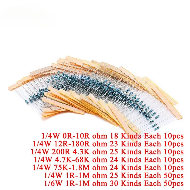 180-1500pcs 1/4W 1/6W โลหะฟิล์ม Resistor 0-10R 12-180R 200-4.3K 4.7K-68K 75K-1.8M 1R-1M Ohm Resistan